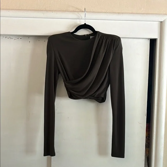 ZARA Shoulder-padded Olive Drape Long Sleeve Crop Top - Picture 2 of 6